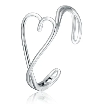 Genevive Jewelry Women's Silver White Gold Plated Heart Design Adjustable Open Cuff Bracelet
