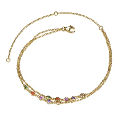 Genevive Jewelry Women's Sterling Silver Gold Plated Champagne, Amethyst, Ruby, Orange & Peridot Double Layer Rolo Ch
