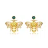 Genevive Jewelry Women's Sterling Silver Gold Plated With Emerald Green Cubic Zirconia Bee Stud Earrings In Green
