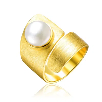 Genevive Jewelry Women's Sterling Silver Gold Plated With Genuine Freshwater Pearl Modern Bypass Ring