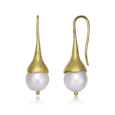 Genevive Jewelry Women's Sterling Silver Gold Plated With White Freshwater Pearl Hook Earrings