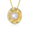Genevive Jewelry Women's Sterling Silver Gold Plated With White Genuine Freshwater Pearl Hammered Pendant Necklace In Gold