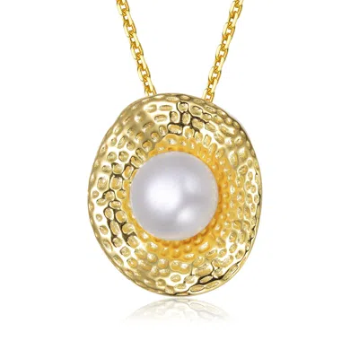 Genevive Jewelry Women's Sterling Silver Gold Plated With White Genuine Freshwater Pearl Hammered Pendant Necklace