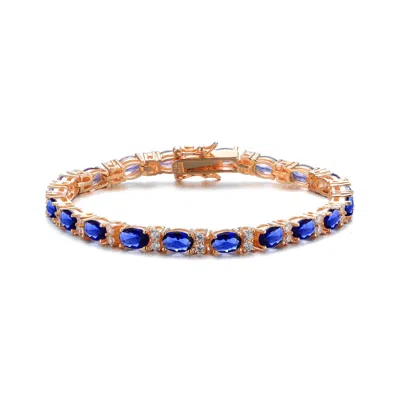 Genevive Jewelry Women's Sterling Silver Rose Gold Plated With Sapphire Blue Cubic Zirconia Tennis Bracelet