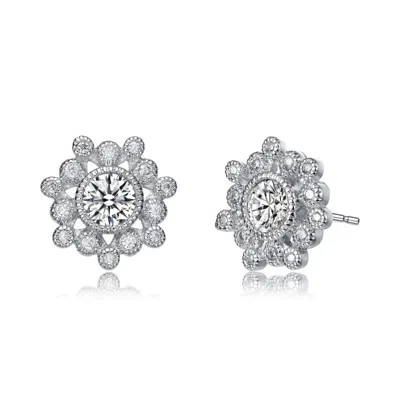 Genevive Jewelry Women's Sterling Silver White Gold Plated Cubic Zirconia Flower Stud Earrings