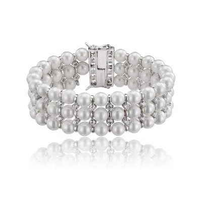 Genevive Jewelry Women's Sterling Silver White Gold Plated Cubic Zirconia Three Row Pearl Bracelet