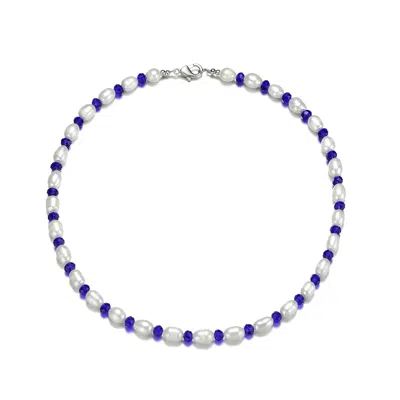Genevive Jewelry Women's Sterling Silver White Gold Plated With Blue Cubic Zirconia & White Bead Necklace