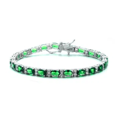 Genevive Jewelry Women's Sterling Silver White Gold Plated With Emerald Green Cubic Zirconia Tennis Bracelet