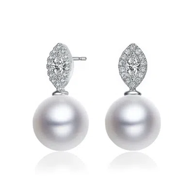 Genevive Jewelry Women's Sterling Silver White Gold Plated With Pearl & Cubic Zirconia Drop Earrings