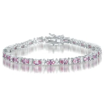 Genevive Jewelry Women's Sterling Silver White Gold Plated With Pink Cubic Zirconia Tennis Bracelet