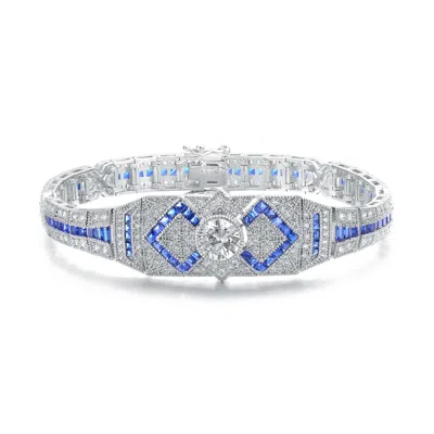 Genevive Jewelry Women's Sterling Silver White Gold Plated With Sapphire Blue Cubic Zirconia Link Bracelet