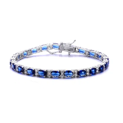Genevive Jewelry Women's Sterling Silver White Gold Plated With Sapphire Blue Cubic Zirconia Tennis Bracelet