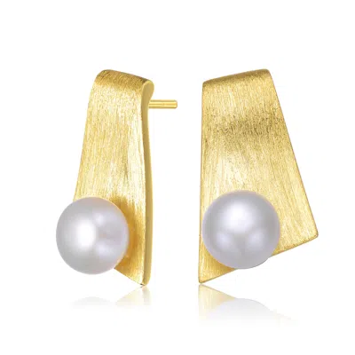 Genevive Jewelry Women's Sterling Silver Yellow Gold Plated With White Genuine Freshwater Round Pearl Unique Earrings