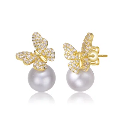 Genevive Jewelry Women's Sterling Silver Yellow Gold Plated With White Pearl & Clear Cubic Zirconia Butterfly Earring