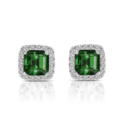 Genevive Jewelry Women's White / Green Sterling Silver Rhodium Plated Emerald Square Shape Assher Cut Cubic Zirconia  In Multi