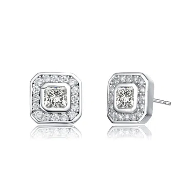 Genevive Jewelry Women's White Rachel Glauber Exclusive Rhodium Plated Cubic Zirconia Square Stud Earrings