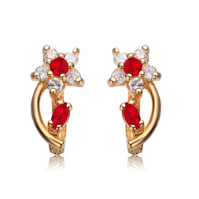 Genevive Jewelry Women's White / Red / Gold Sterling Silver Gold Plated Ruby Cubic Zirconia Flower Huggie Earrings In Multi