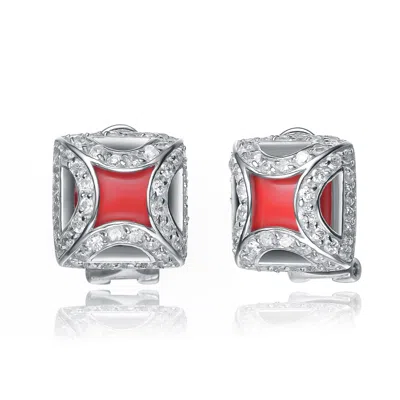 Genevive Jewelry Women's White / Red / Silver Cubic Zirconia Sterling Silver White Gold Plated Coral Square Shape Ear In Multi