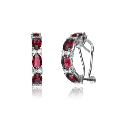 Genevive Jewelry Women's White / Red / Silver Sterling Silver Ruby Cubic Zirconia Petite Hoop Earrings In Burgundy
