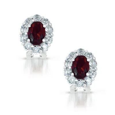Genevive Jewelry Women's White / Red Sterling Silver Ruby Cubic Zirconia Button Earrings In Multi