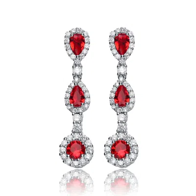 Genevive Jewelry Women's White / Red Sterling Silver White Gold Plated With Ruby Dangling Earrings In Multi
