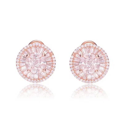 Genevive Jewelry Women's White / Rose Gold Cz Rose Plated Round Baguette Earrings In Multi