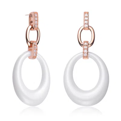 Genevive Jewelry Women's White / Rose Gold Rose Gold Plated With Clear Cubic Zirconia White Ceramic Oval Drop Earring In Multi