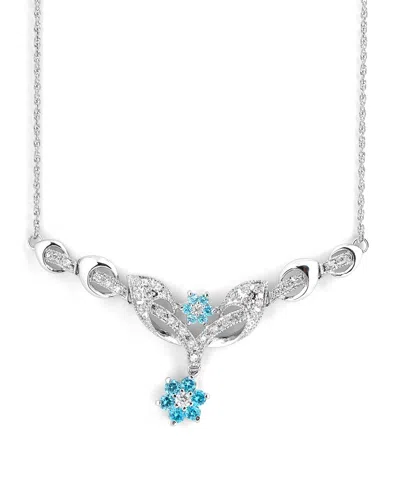 Genevive Jewelry Women's White / Silver / Blue Cubic Zirconia Sterling Silver White Gold Plated Blue Topaz Flower Nec In Multi