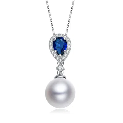 Genevive Jewelry Women's White / Silver / Blue Sterling Silver Pendant With Cubic Zirconia And Freshwater Pearl In Multi