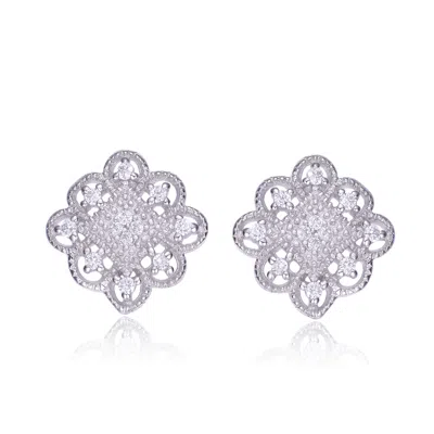 Genevive Jewelry Women's White / Silver Cubic Zirconia Ss White Gold Plated Lace Design Square Shape Earrings In Multi