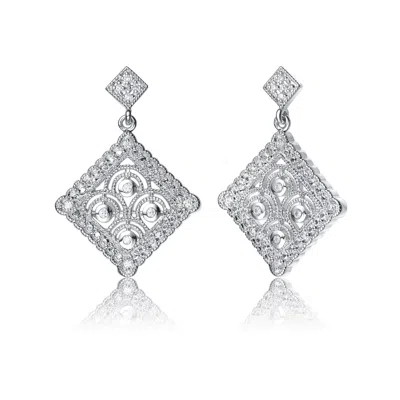 Genevive Jewelry Women's White / Silver Cubic Zirconia Sterling Silver White Gold Plated Antique Shape Drop Earrings In Multi