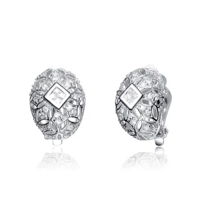 Genevive Jewelry Women's White / Silver Cz Sterling Silver White Gold Plated Oval Shape Antique Earrings In Multi