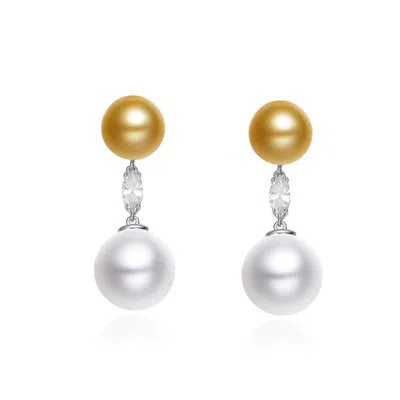 Genevive Jewelry Women's White / Silver / Gold Cubic Zirconia Ss White Gold Plated Double Pearl Drop Earrings In Multi