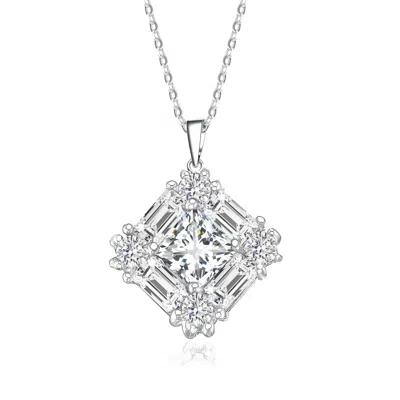 Genevive Jewelry Women's White / Silver Sterling Silver Cubic Zirconia Square Necklace In Multi