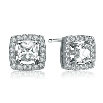 Genevive Jewelry Women's White / Silver Sterling Silver Oval Cubic Zirconia Solitaire With Square Halo Earrings