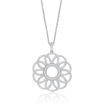 Genevive Jewelry Women's White / Silver Sterling Silver White Cubic Zirconia Floral Pendant Necklace In Multi