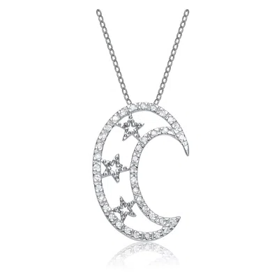 Genevive Jewelry Women's White / Silver Sterling Silver White Cubic Zirconia Half Moon Pendant In Multi