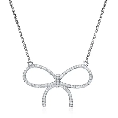 Genevive Jewelry Women's White / Silver Sterling Silver With Clear Cubic Zirconia Bow Tie Necklace In Multi