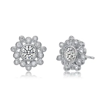 Genevive Jewelry Women's White / Silver Stunning Classic Sterling Silver Cubic Zirconia Flower Stud Earrings In Multi