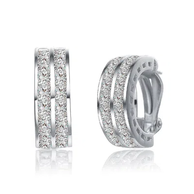 Genevive Jewelry Women's White Sterling Silver Clear Cubic Zirconia Two-row Hoop Earrings