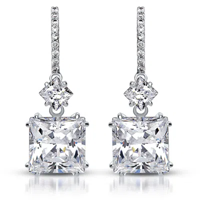 Genevive Jewelry Women's White Sterling Silver Rhodium Plated Cubic Zirconia Square Drop Earrings