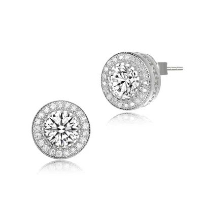 Genevive Jewelry Women's White Sterling Silver With Clear Cubic Zirconia Round Earrings