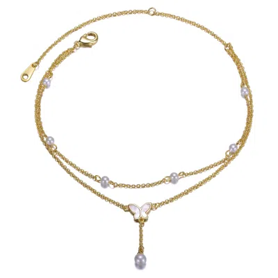 Genevive Jewelry Women's Yellow Gold Plated Double Layer Pearl & Butterfly Anklet