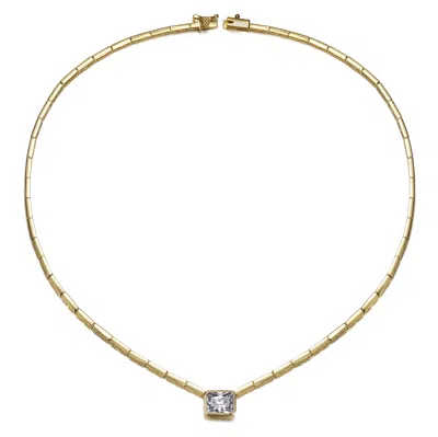 Genevive Jewelry Women's Yellow Gold Plated Emerald Cut Cubic Zirconia East-west Solitaire Necklace