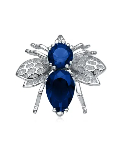 Genevive Gv Cubic Zirconia Sterling Silver White Gold Plated Bee Pin In Sapphire