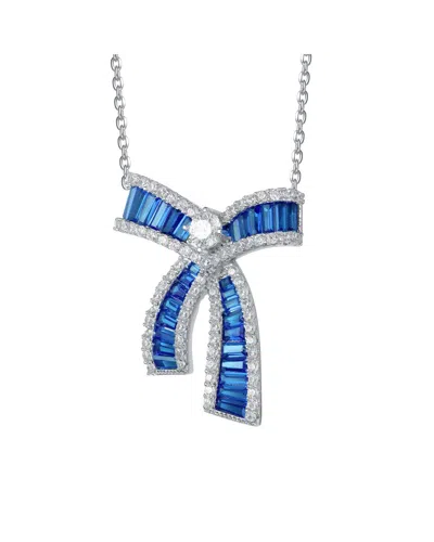 Genevive Silver Cz Bow Necklace In Blue