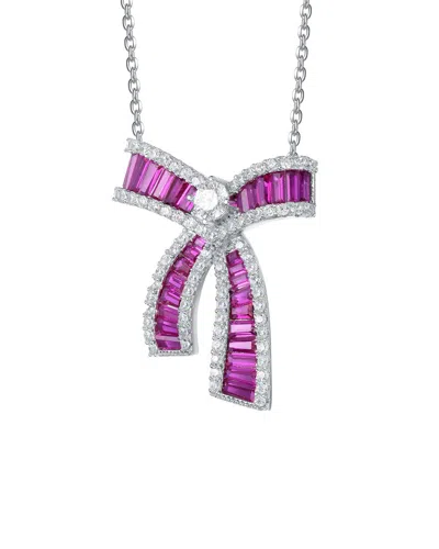 Genevive Silver Cz Bow Necklace In Purple