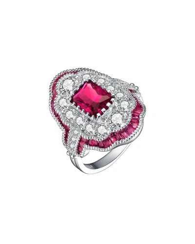 Genevive Sterling Silver White Gold Plated With Radiant And Baguette Colored Cubic Zirconia Cocktail Ring In Red