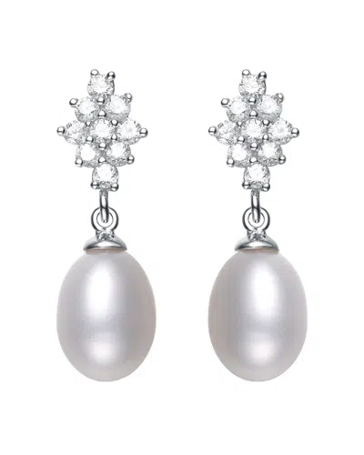 Genevive Silver Pearl & Cz Drop Earrings In White