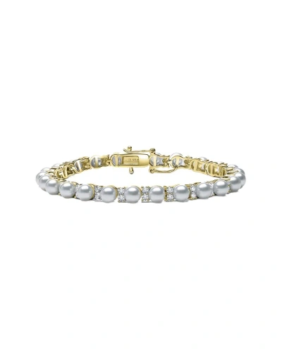 Genevive Sterling Silver 14k Gp Cz And Pearl Tennis Bracele In Metallic